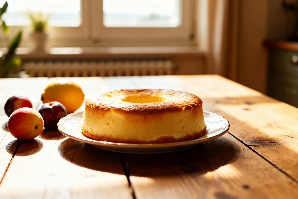 pexels-michal-pech-213601-757318 (1) Gâteau au yaourt doré avec pommes et citron sur table en bois éclairée par le soleil