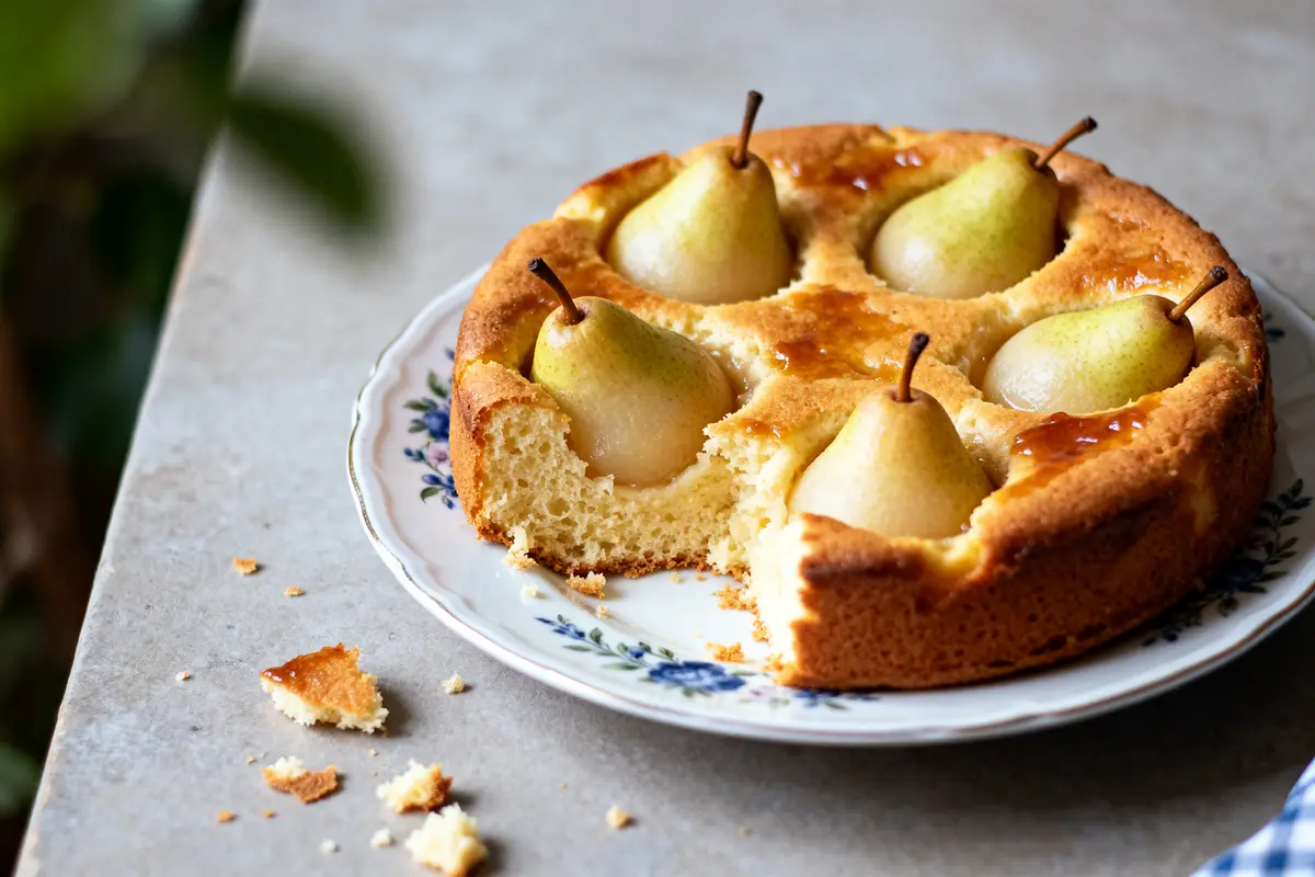 pexels-michal-pech-213601-757318 (1) Part de gâteau aux poires de grand-mère sur assiette fleurie avec miettes sur la table