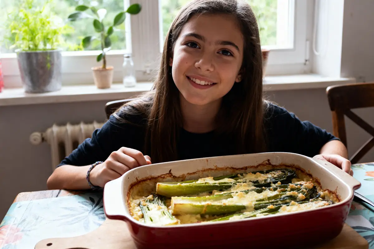pexels-michal-pech-213601-757318 (1) Jeune fille souriante présentant un gratin de côtes de blettes sans béchamel sur la table