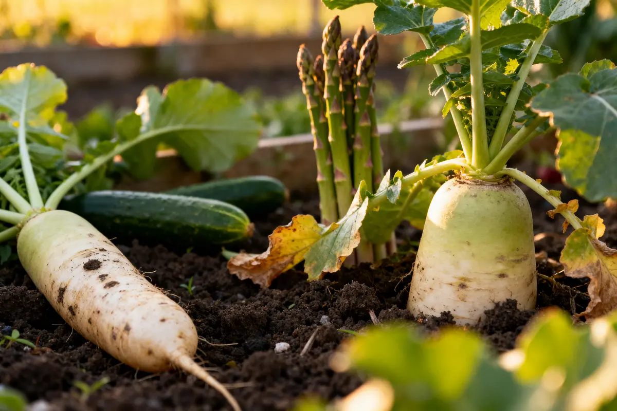 Radis daikon en terre avec asperges et concombres légume en D en arrière-plan