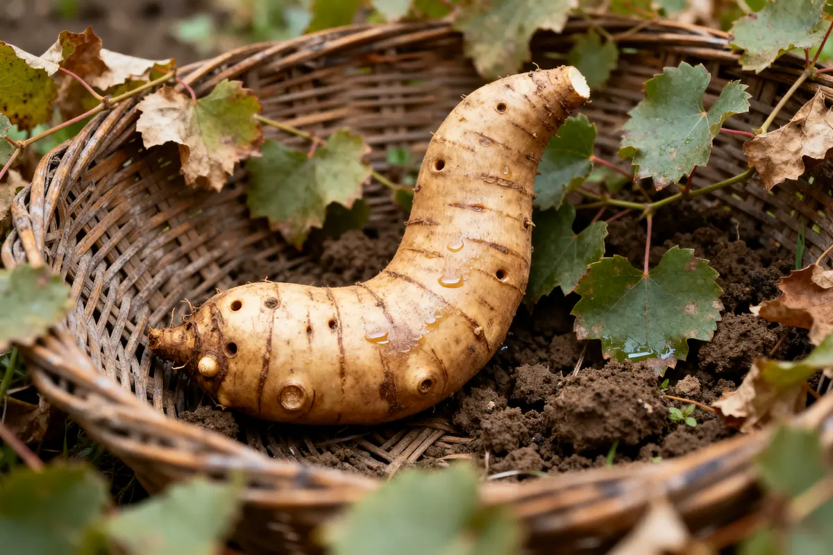 Tubercule en forme de J dans panier osier avec feuilles autour, légume en J