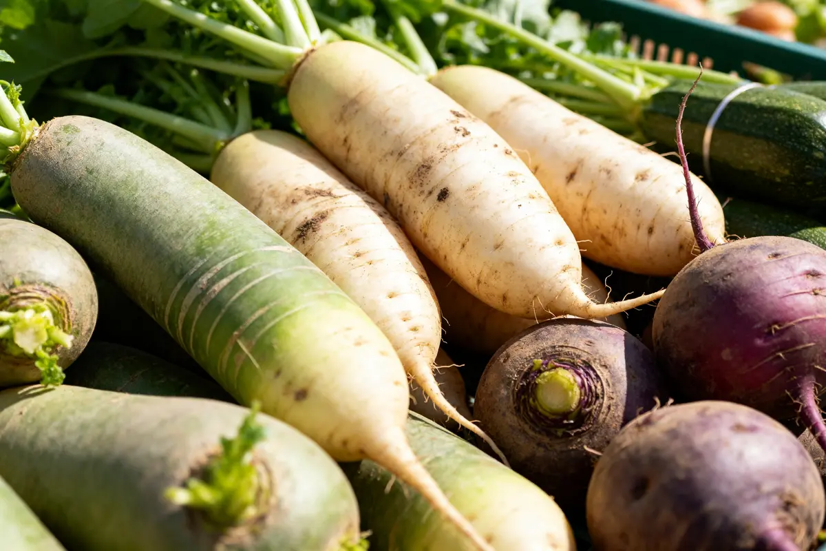 Radis, navets et courgettes colorés parmi les légumes par D en plein soleil