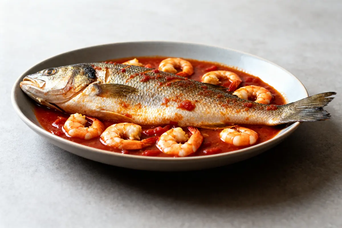 pexels-michal-pech-213601-757318 (1) Poisson entier et crevettes accompagnent la lotte à l'armoricaine dans une sauce rouge