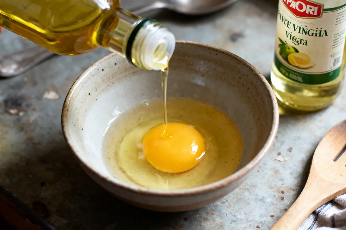 Préparation mayonnaise sans moutarde avec œuf et huile dans un bol en céramique
