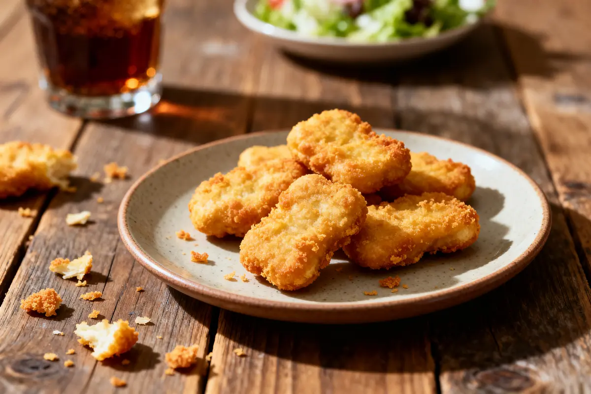 pexels-michal-pech-213601-757318 (1) Assiette de nuggets de McDo sur table en bois avec boisson et salade en arriĂšre-plan