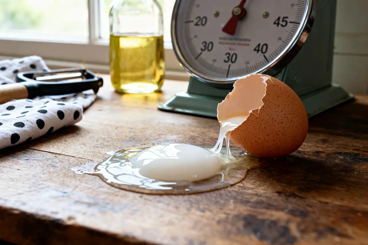 Oeuf cassé sur table en bois avec balance pour mesurer le poids d'un blanc d'oeuf