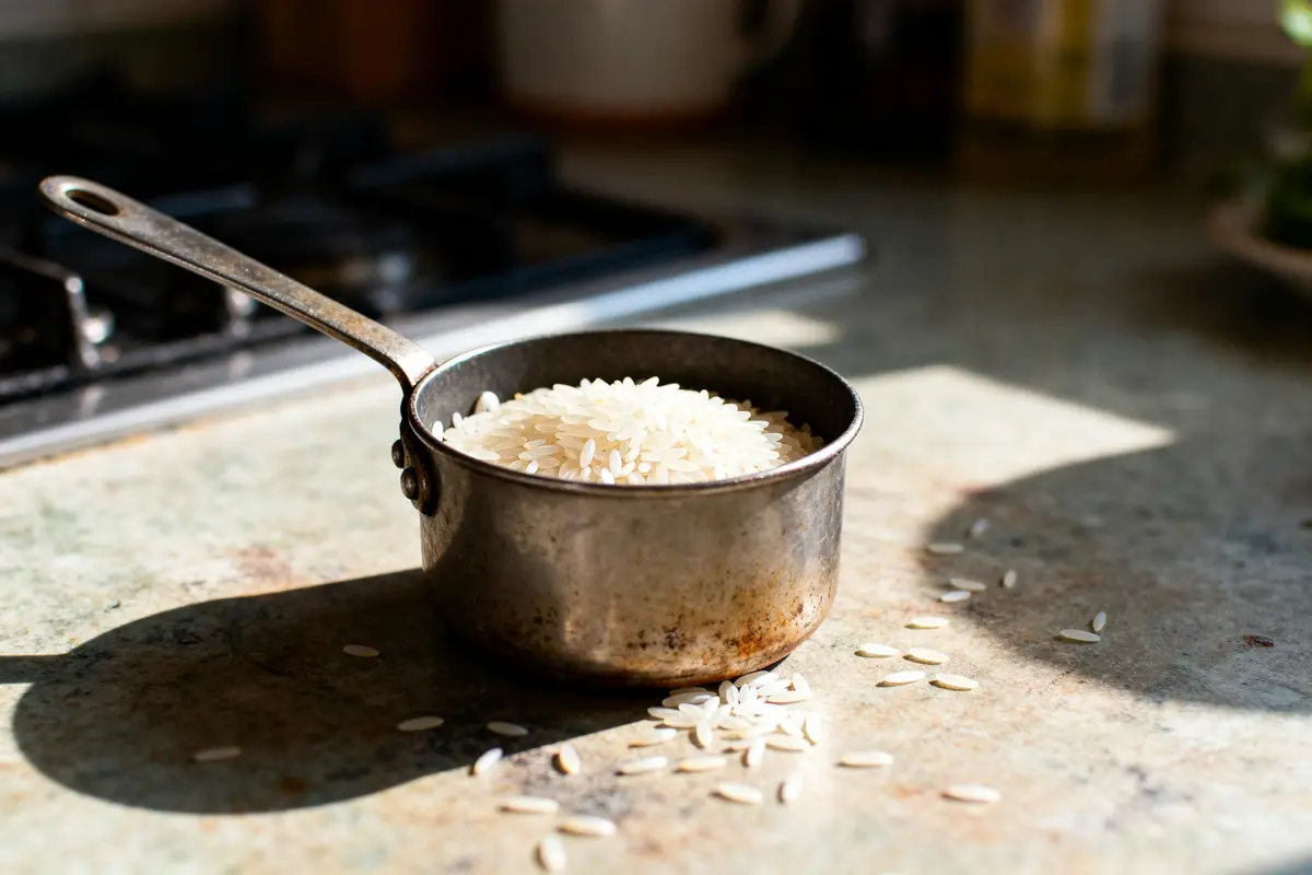 Une tasse en métal mesure quantité de riz par personne sur un plan de cuisine