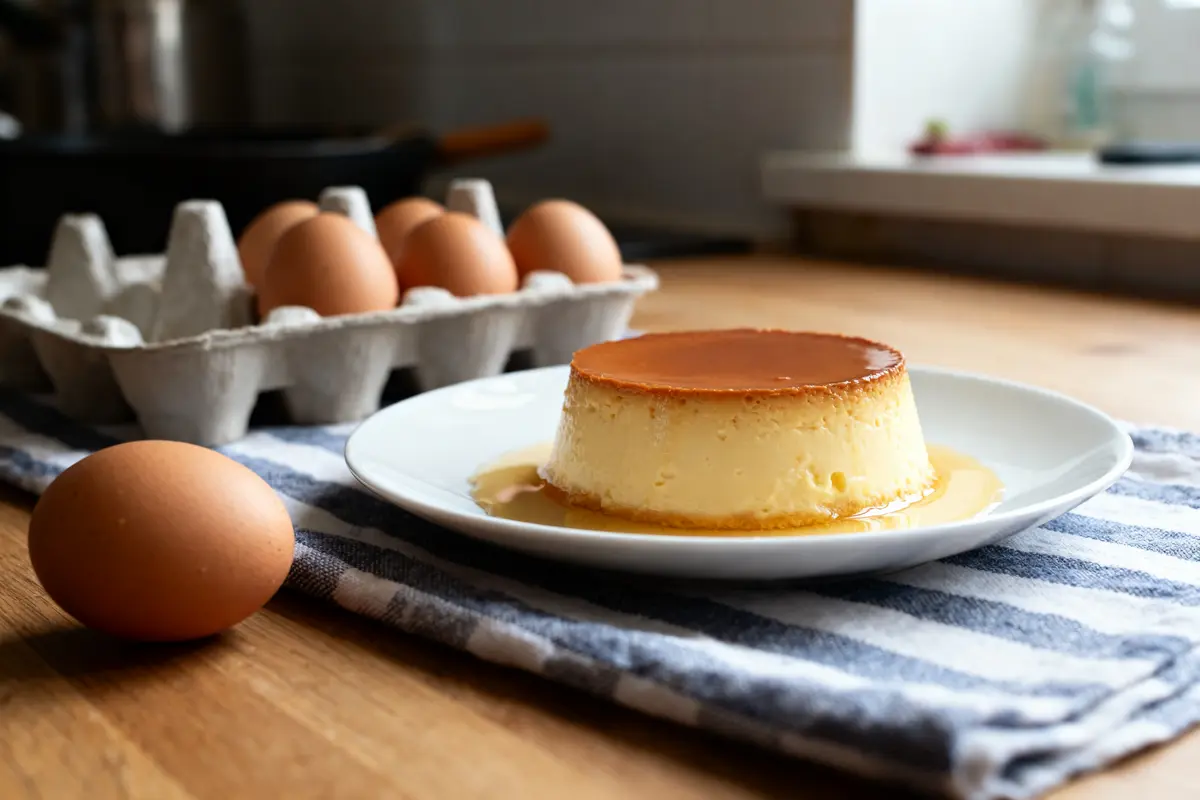 Flan aux œufs doré sur assiette, œufs en arrière-plan, recette de flan aux œufs de nos grand-mères