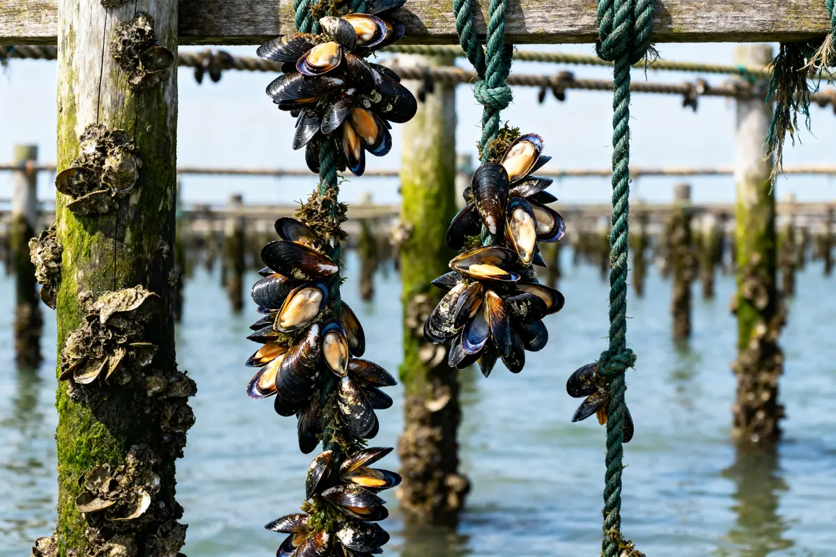 Corde pleine de moules fraîches dans une ferme marine durant la saison des moules