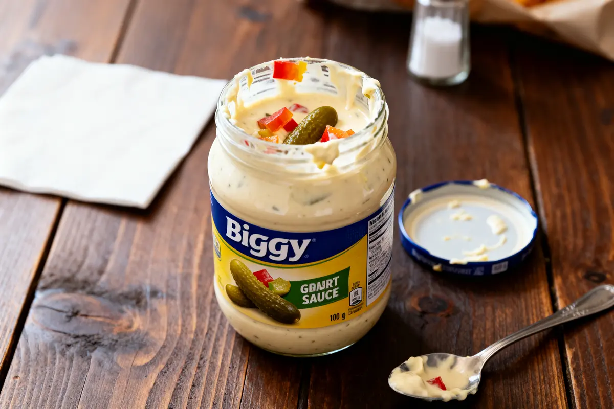 Pot de sauce Biggy ouvert avec cornichon et cuillère sur table en bois