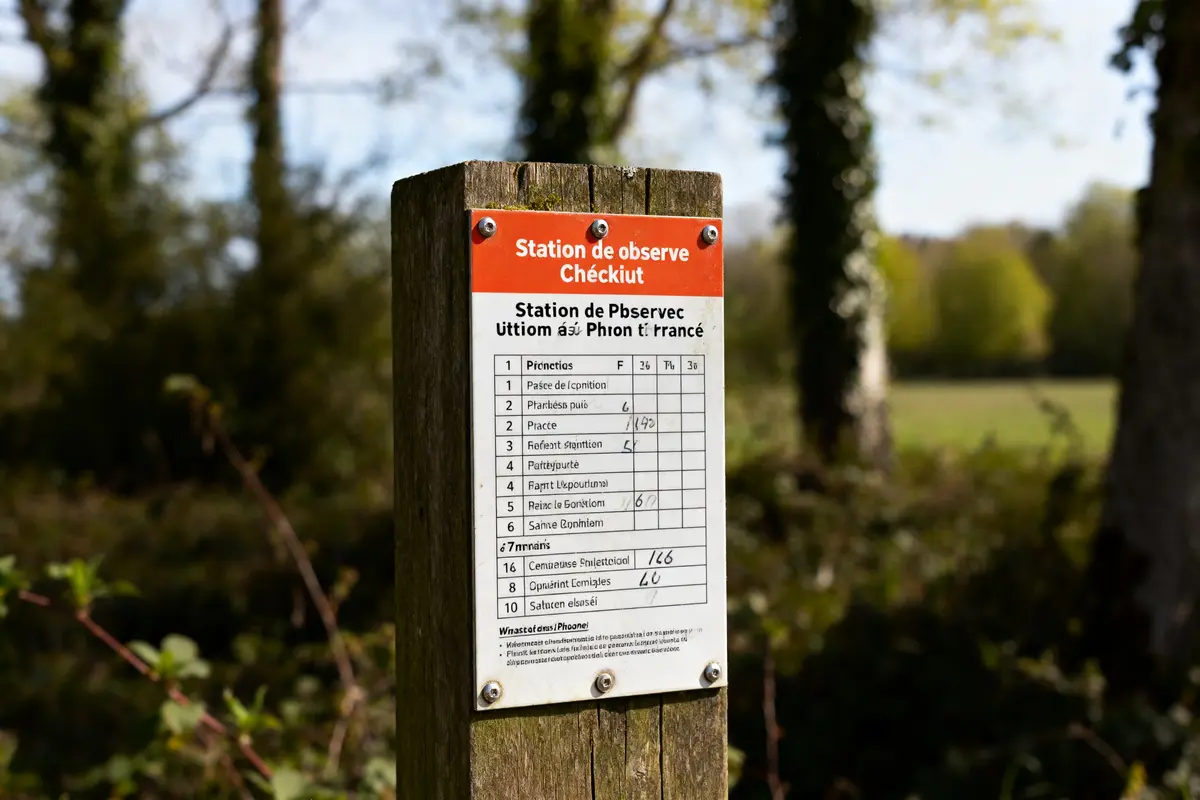 Panneau en bois avec checklist de station observation dans un environnement boisé verdoyant