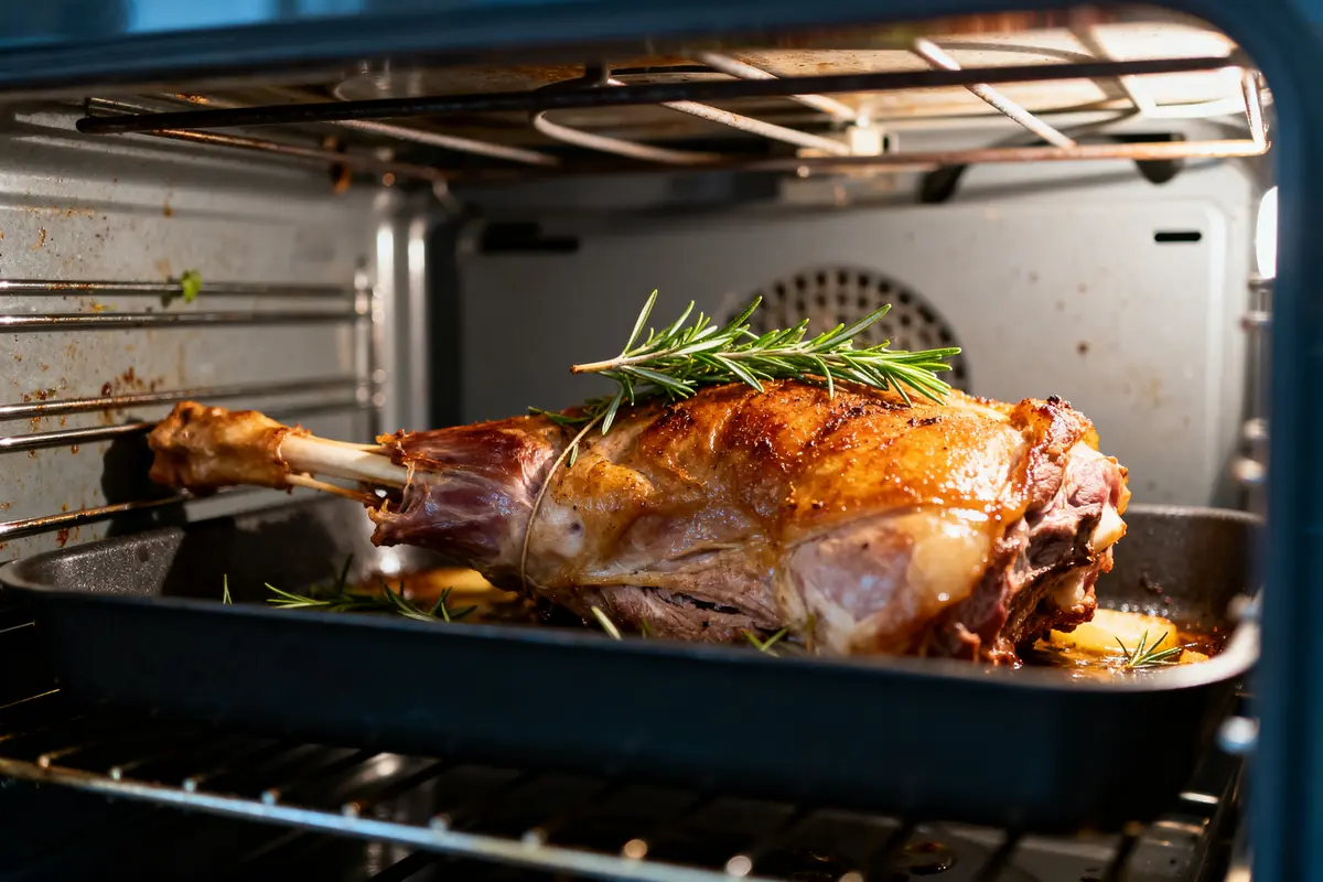 Gigot d'agneau rôti au four chaleur tournante pour optimiser le temps de cuisson
