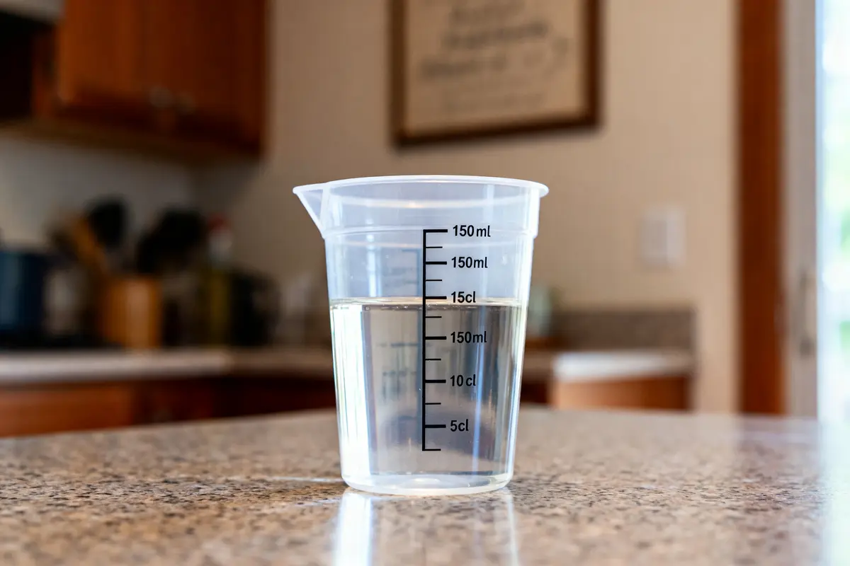 Verre doseur plastique montrant conversion 15 cl en ml sur comptoir de cuisine boisée