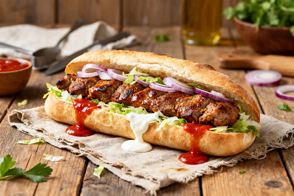 Kebab appétissant avec oignons, salade, sauces, illustrant la calorie d'un kebab sur table rustique