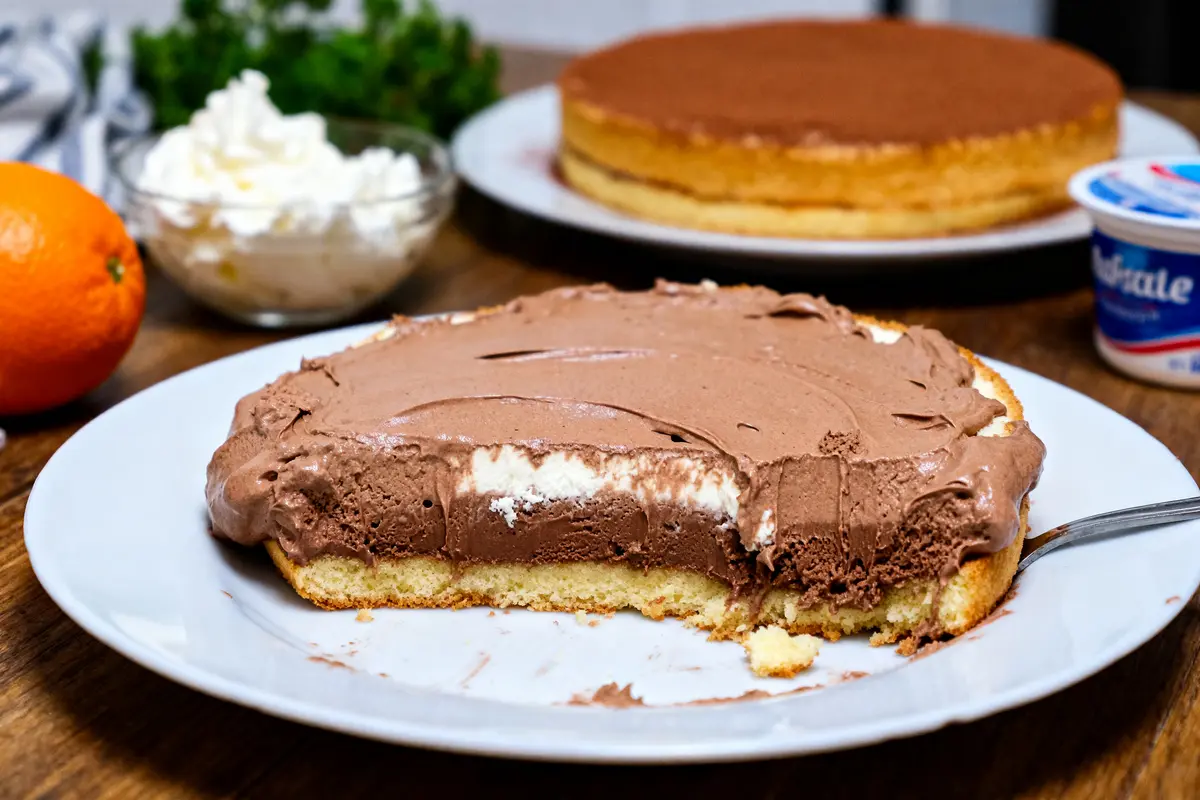 pexels-michal-pech-213601-757318 (1) Génoise nappée de crème mascarpone chocolat pour génoise sur une assiette blanche avec ustensiles.