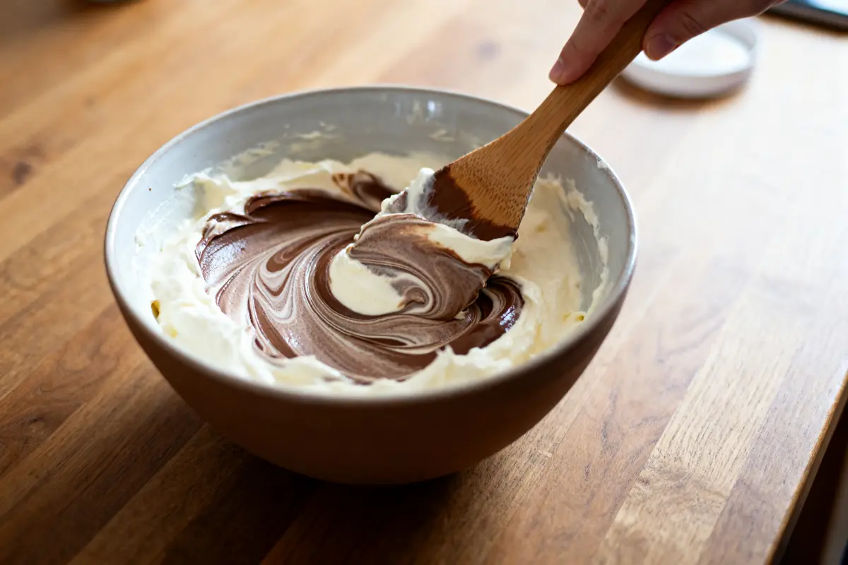 Mélange onctueux de creme mascarpone Nutella dans un bol avec cuillère en bois