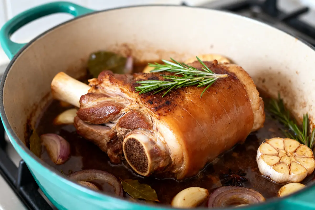 Jarret de porc mijoté avec herbes et légumes rehaussant la cuisson du jarret de porc