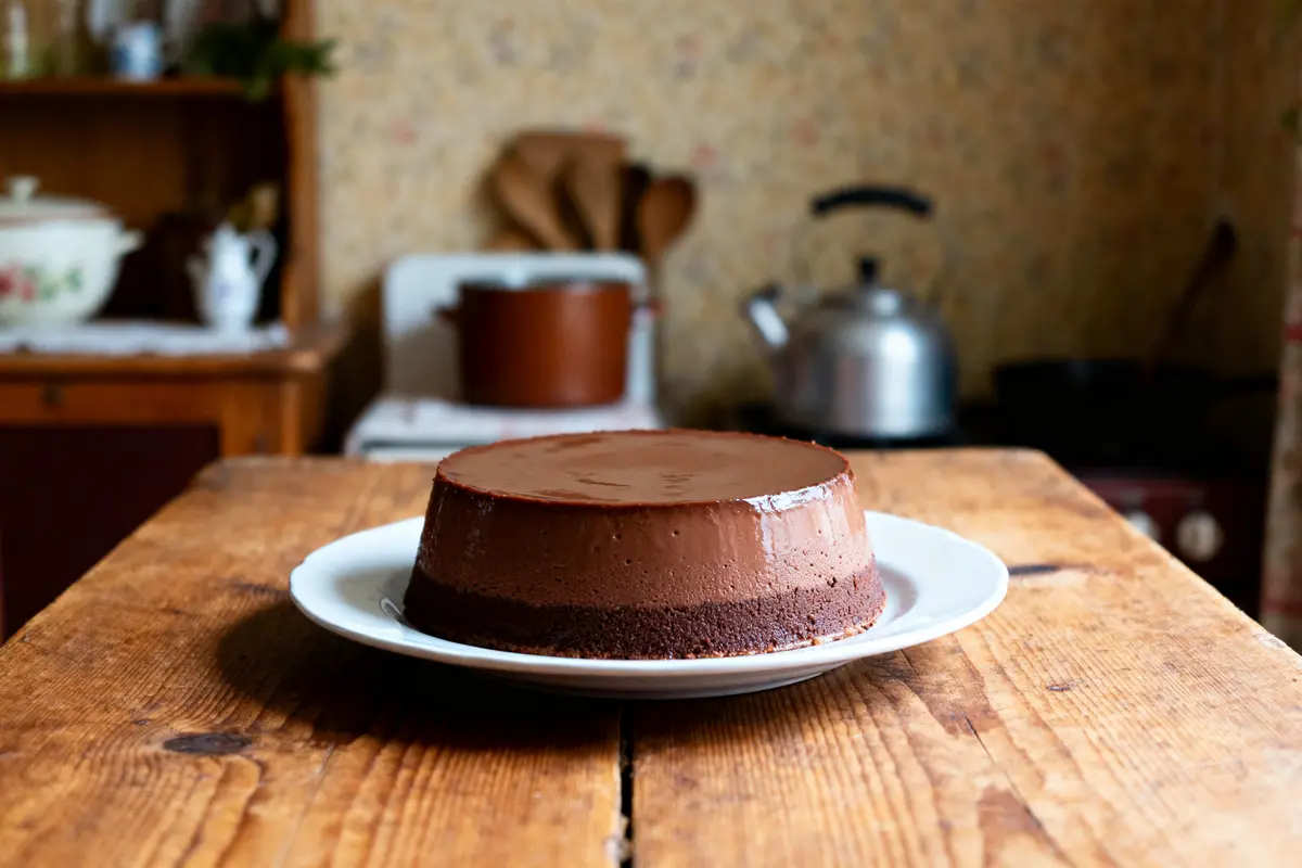 pexels-michal-pech-213601-757318 (1) Flan au chocolat grand-mère sur table en bois dans une cuisine rustique.