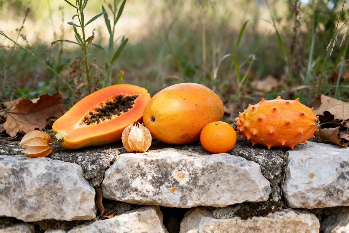 Papaye ouverte, kiwi orange et autres fruits exotiques orange posés sur pierres naturelles