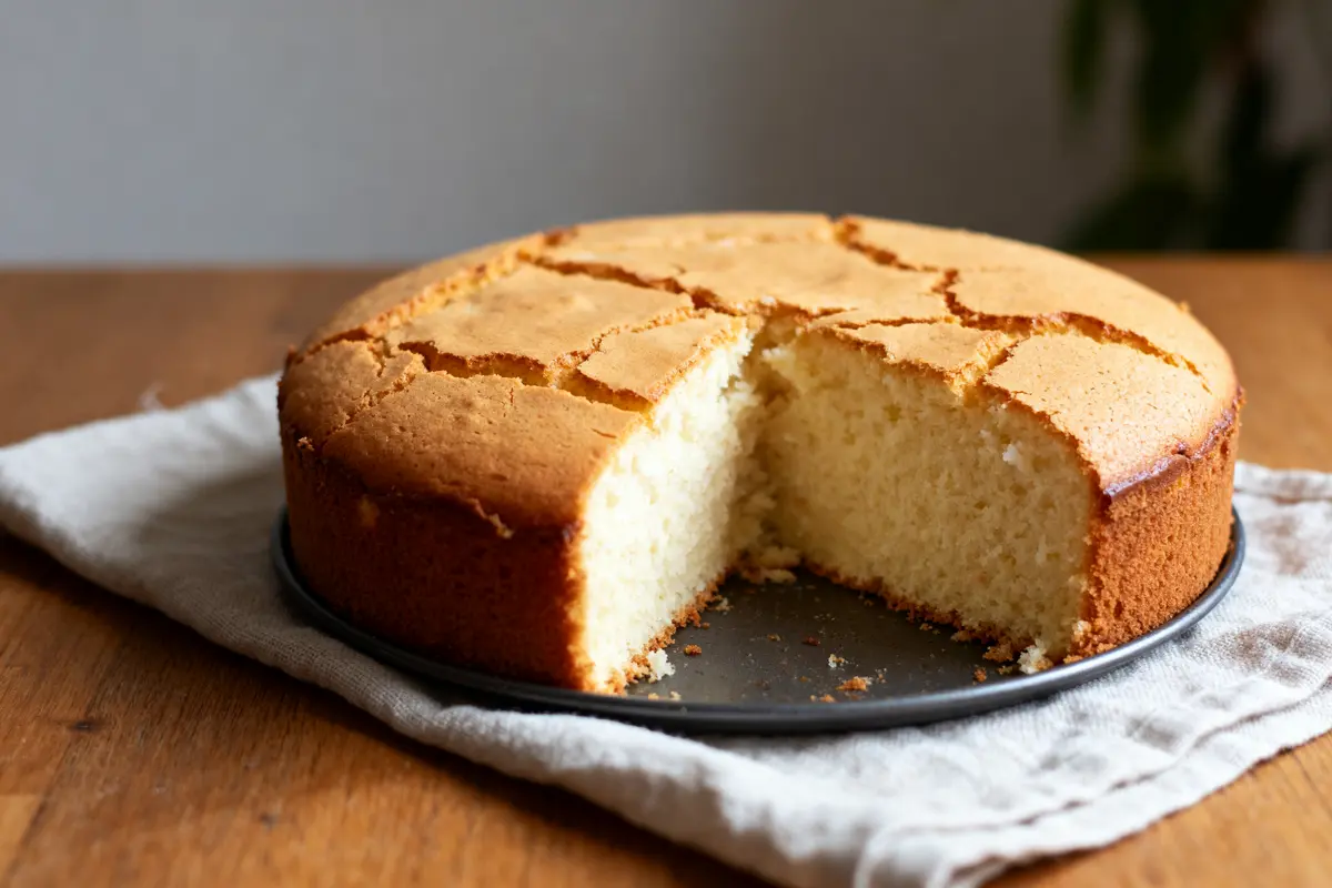 Gâteau au lait de coco doré avec une part manquante sur plat en bois
