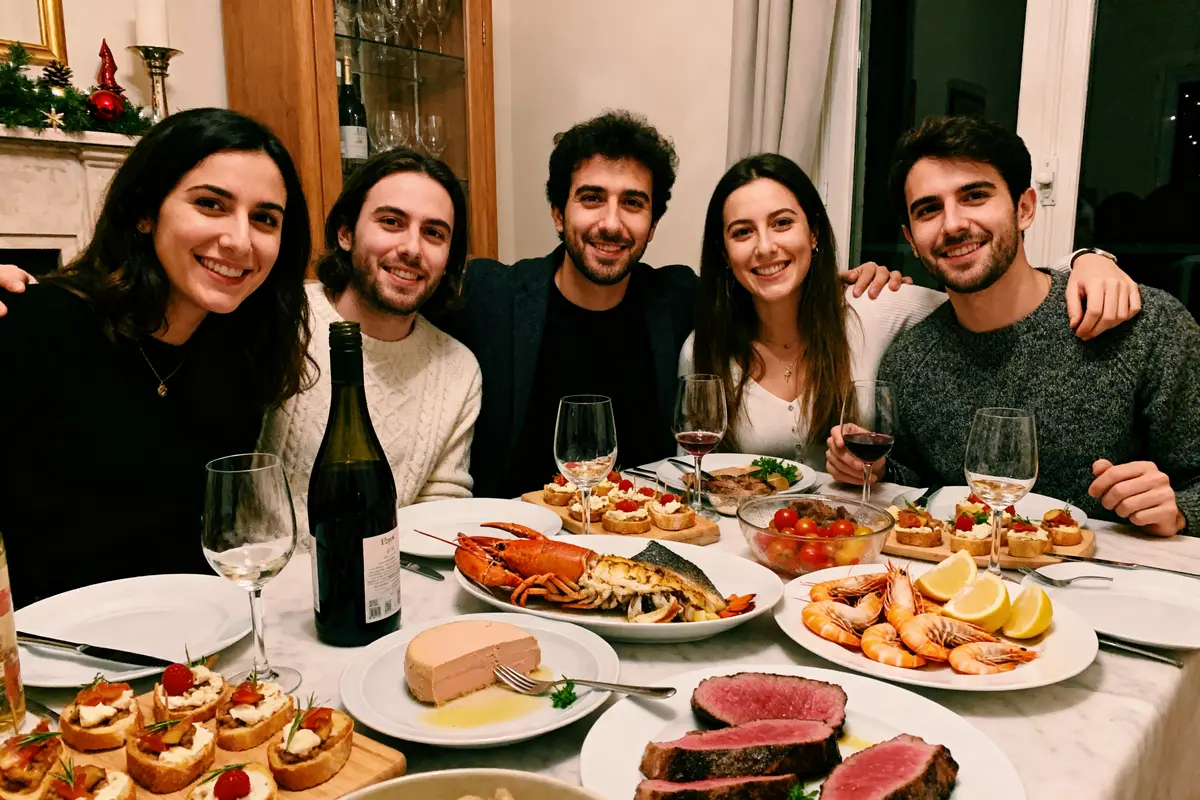 pexels-michal-pech-213601-757318 (1) Amis profitant d'un dîner festif avec vin et fruits de mer idée de repas du 31 décembre entre amis