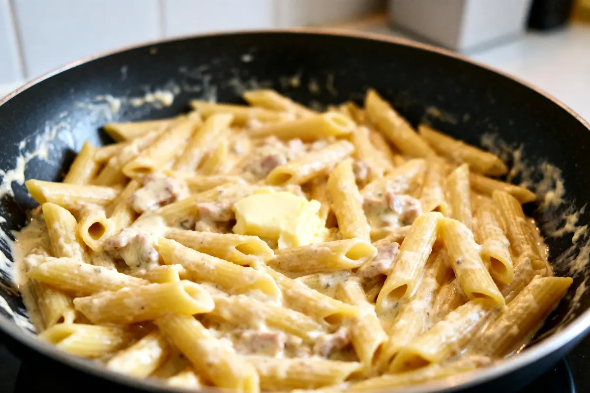 pexels-michal-pech-213601-757318 (1) Pâtes au fromage crémeuses avec lardons et beurre fondu dans une poêle noire