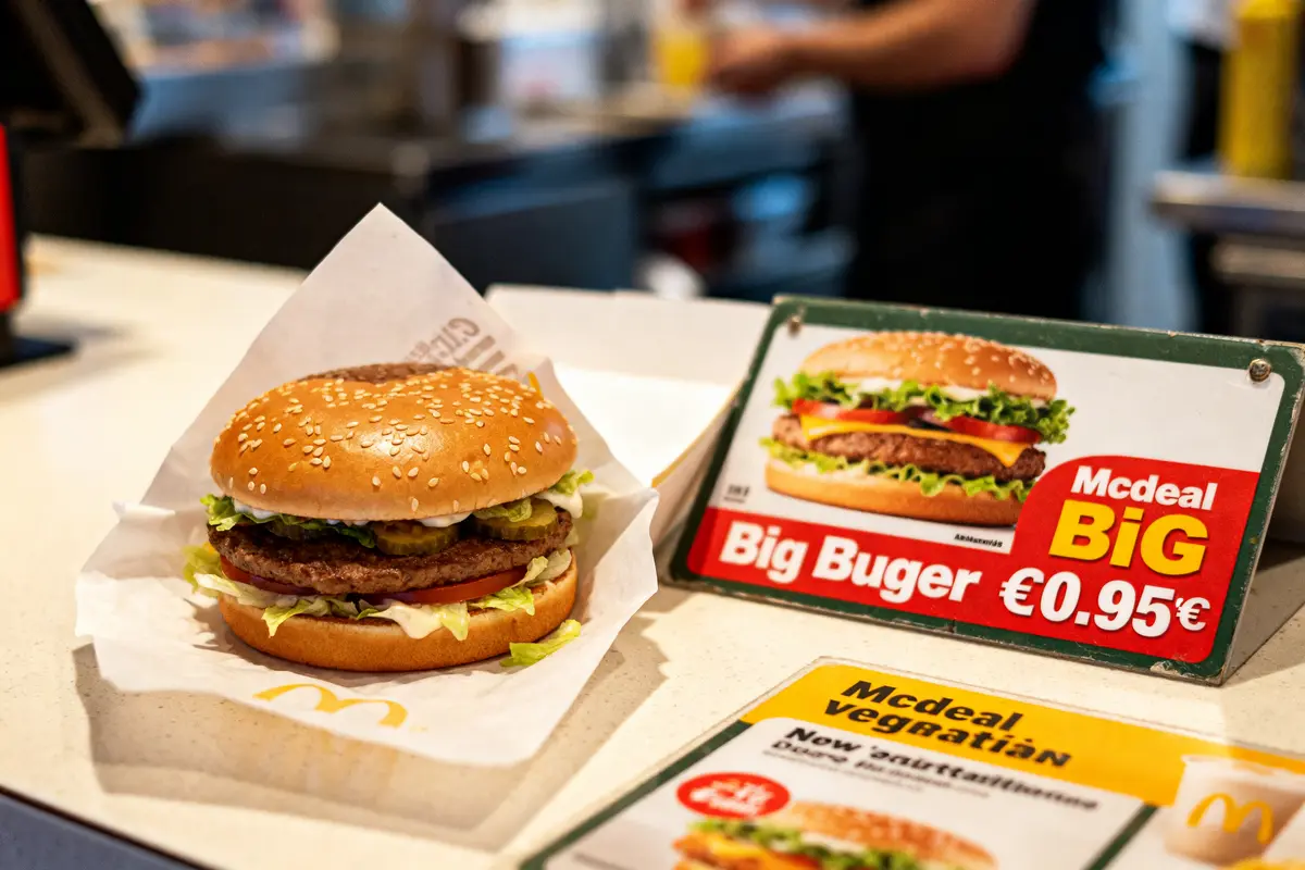 Burger McDonald's avec prix au McDo affiché à 0,95 euro sur le comptoir