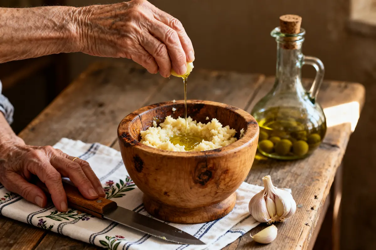 pexels-michal-pech-213601-757318 (1) Main versant huile dans mortier à ail pour recette d'aïoli grand-mère sur table rustique
