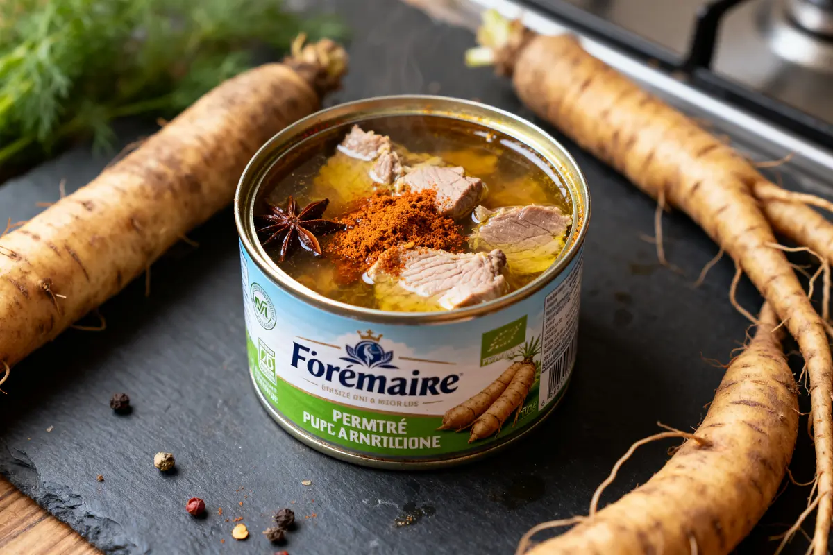 pexels-michal-pech-213601-757318 (1) Conserve de viande assaisonnée entourée de racines, évoquant une recette de grand-mère des canettes