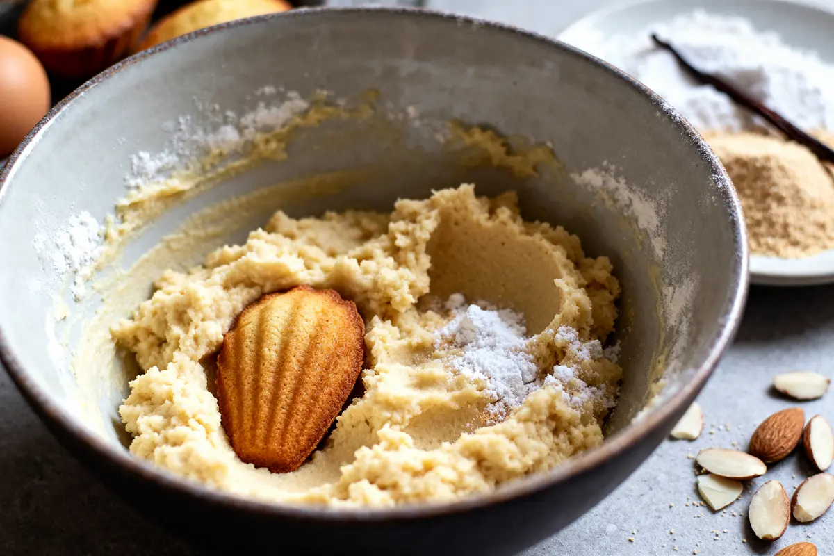 Pâte à madeleine avec madeleine dorée pour recette de madeleine traditionnelle et ingrédients sur table