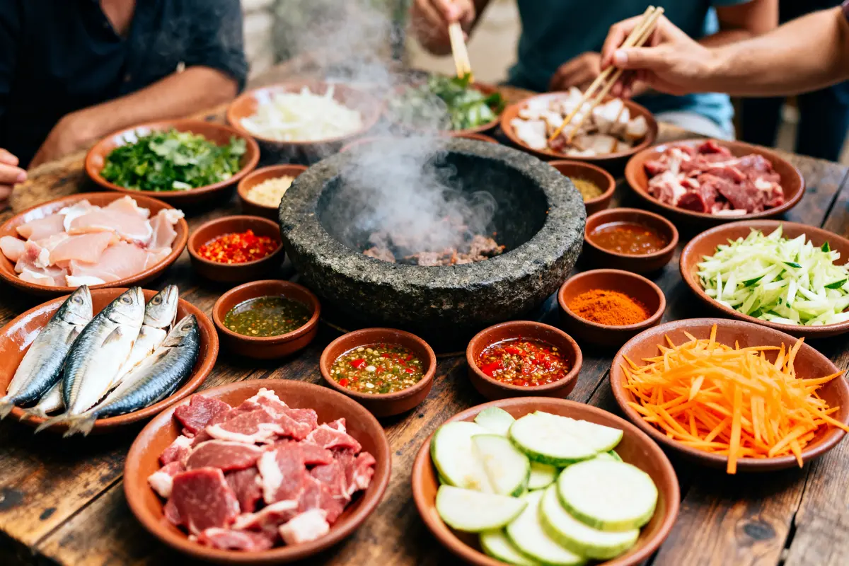 Assortiment d'ingrédients frais pour recette de pierrade autour d'une pierre chauffée à table