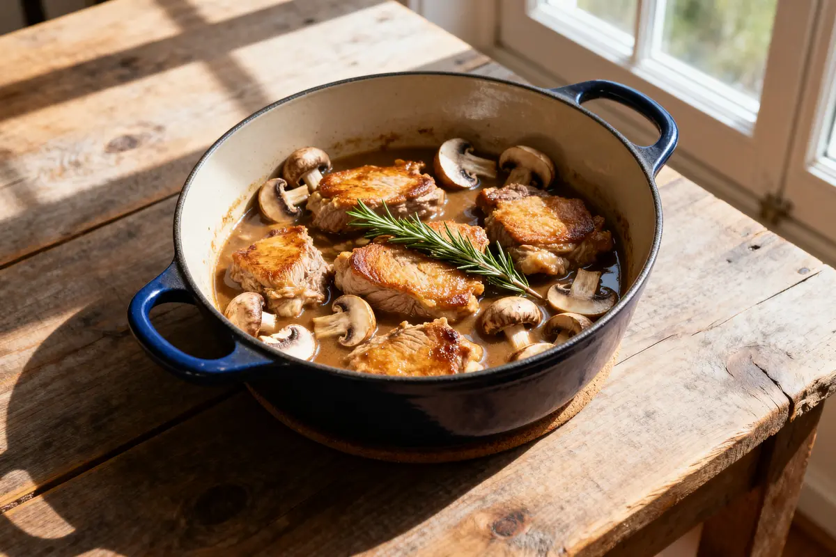 pexels-michal-pech-213601-757318 (1) Plat mijoté de sauté de veau grand-mère avec champignons et romarin sur table en bois