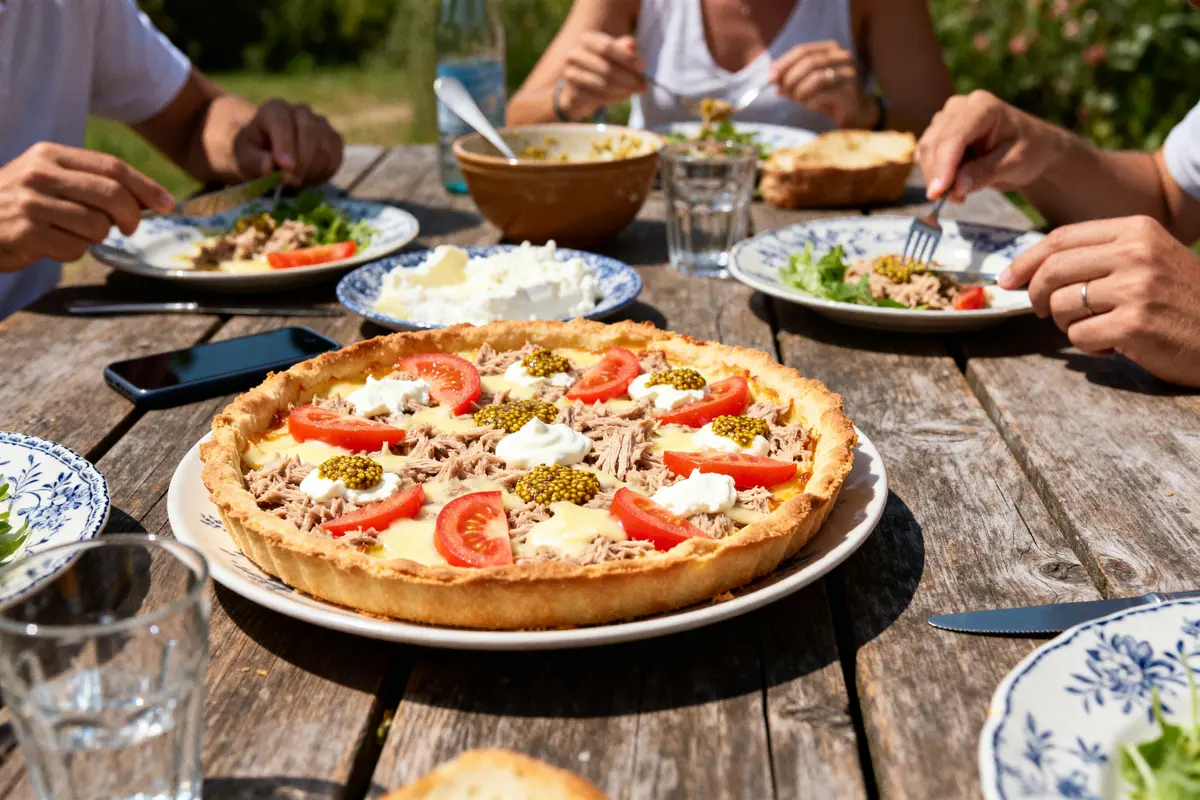 pexels-michal-pech-213601-757318 (1) Personnes dégustant une tarte au thon grand-mère garnie de tomates en plein air.