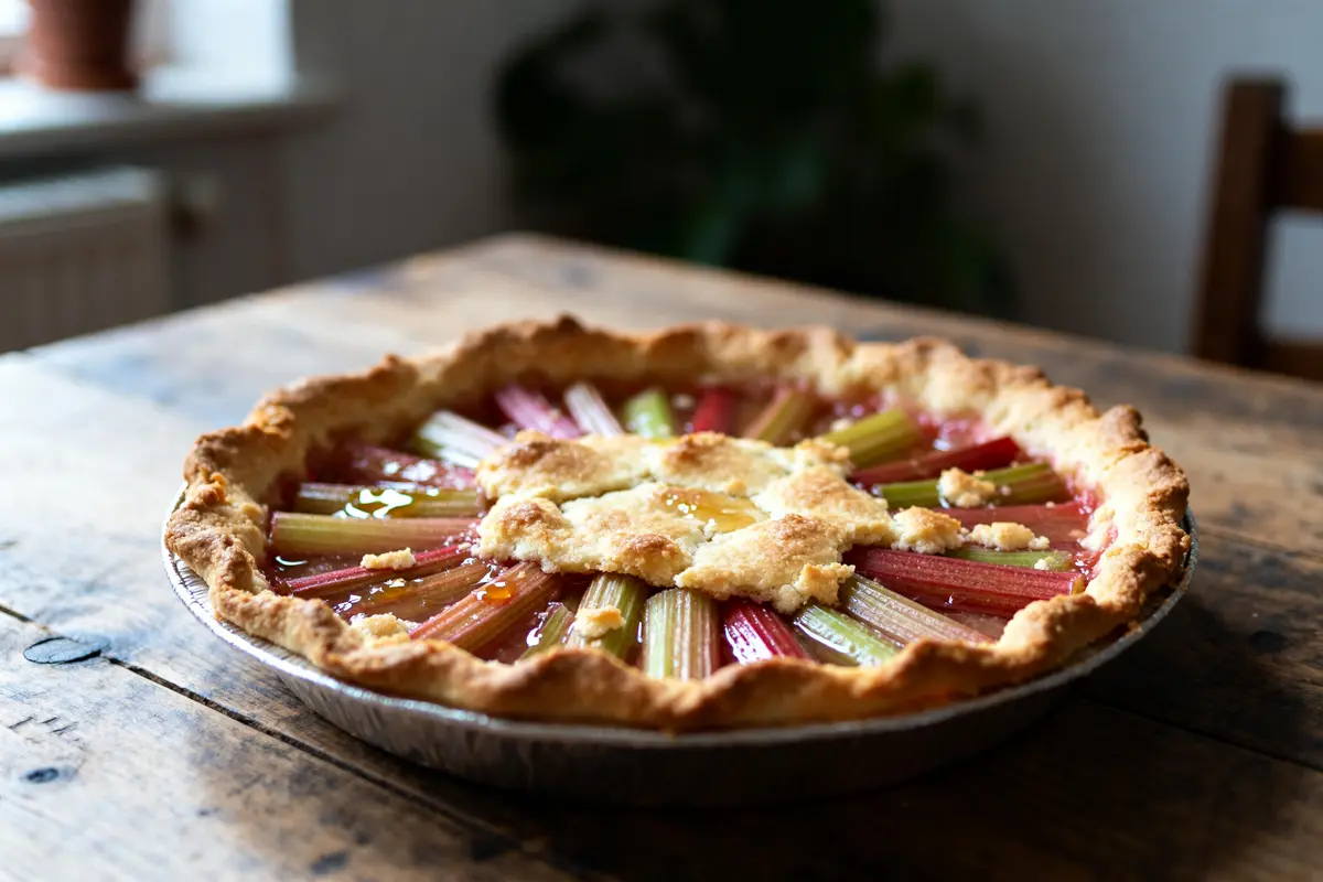 pexels-michal-pech-213601-757318 (1) Tarte rhubarbe façon grand-mère sur table en bois, garnie de tiges colorées et pâte dorée