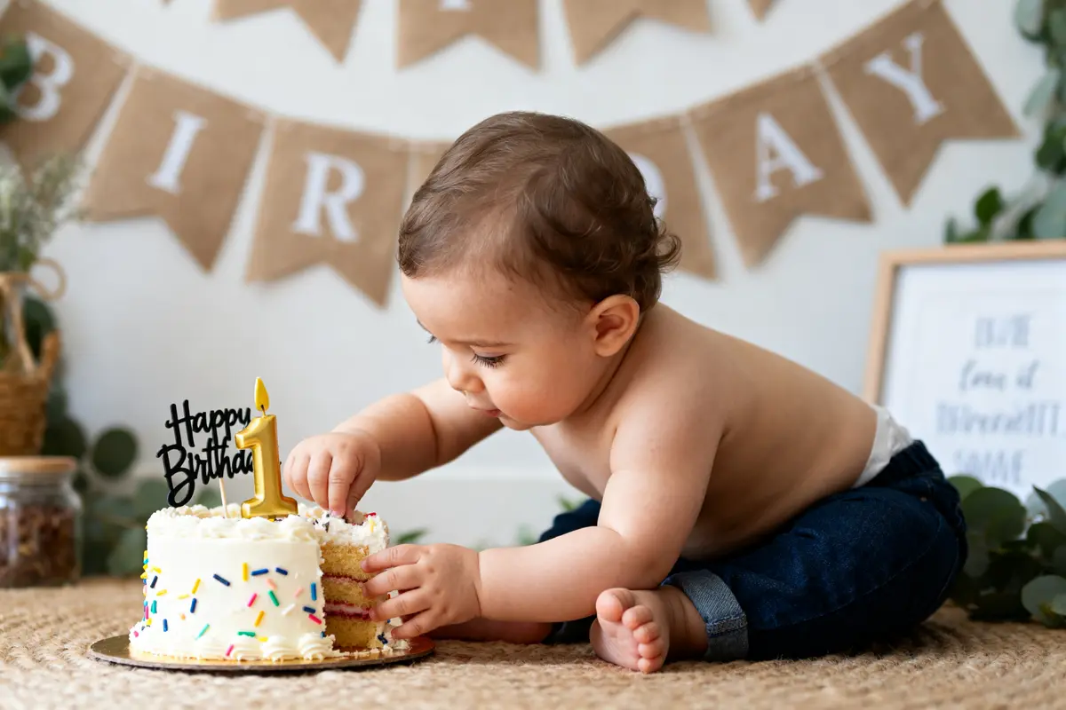 Bébé joue avec un gâteau d'anniversaire, parfait pour un cake smash festif.