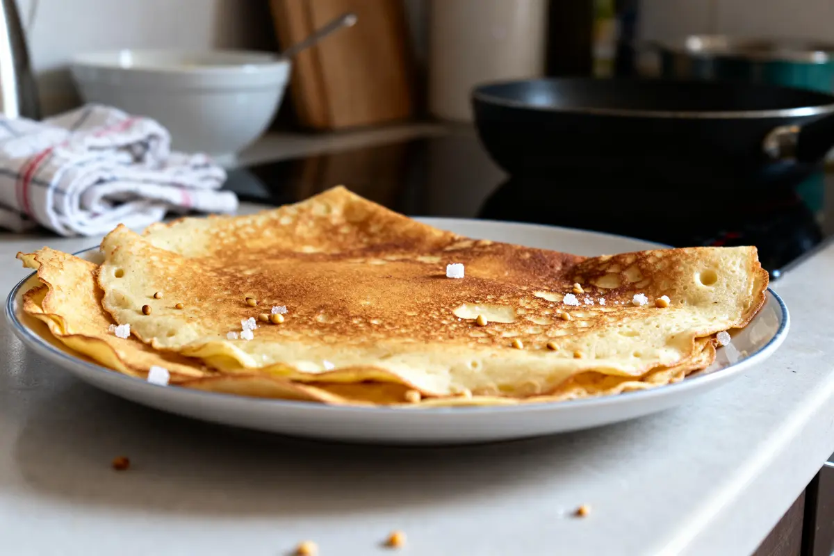 Crêpes dorées sur assiette, garnies de sucre, informations nutritionnelles des crêpes importantes à vérifier