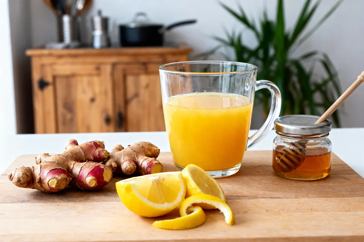 Jus de gingembre, miel et citron sur planche pour recette de jus de gingembre maison