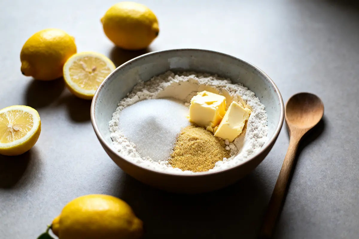 pexels-michal-pech-213601-757318 (1) Ingrédients pour une recette du cake au citron avec citrons, farine, beurre et sucre.