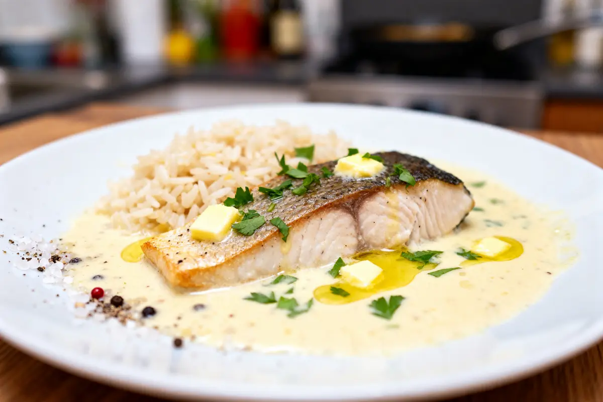 Assiette de poisson grillé avec riz, nappé de la sauce pour riz et poisson crémeuse