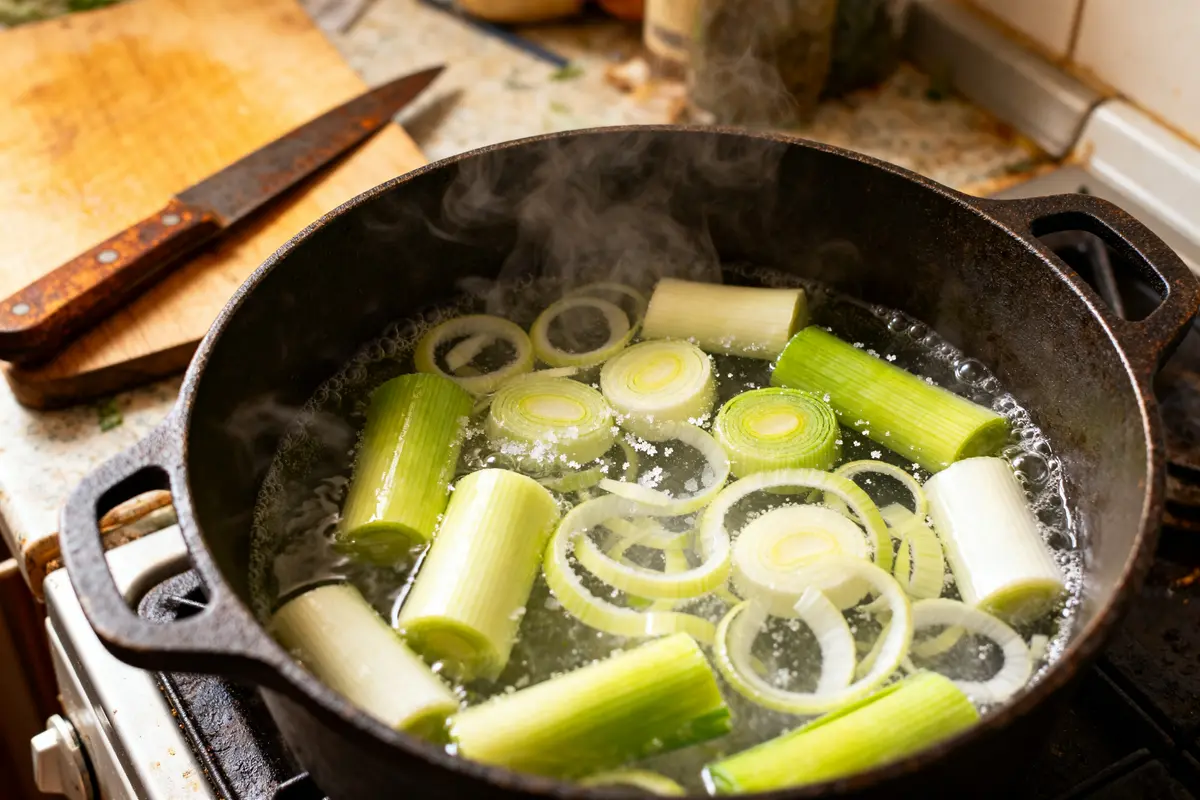 Poireaux en rondelles cuisant dans une casserole d'eau pour le temps de cuisson idéal