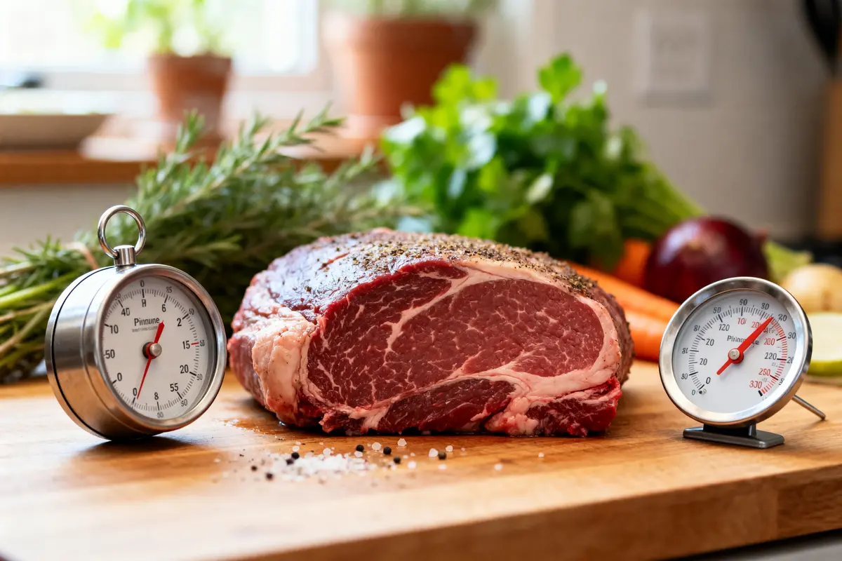 pexels-michal-pech-213601-757318 (1) Roastbeef cru avec thermomètres de cuisine pour temps de cuisson optimal en arrière-plan vert.